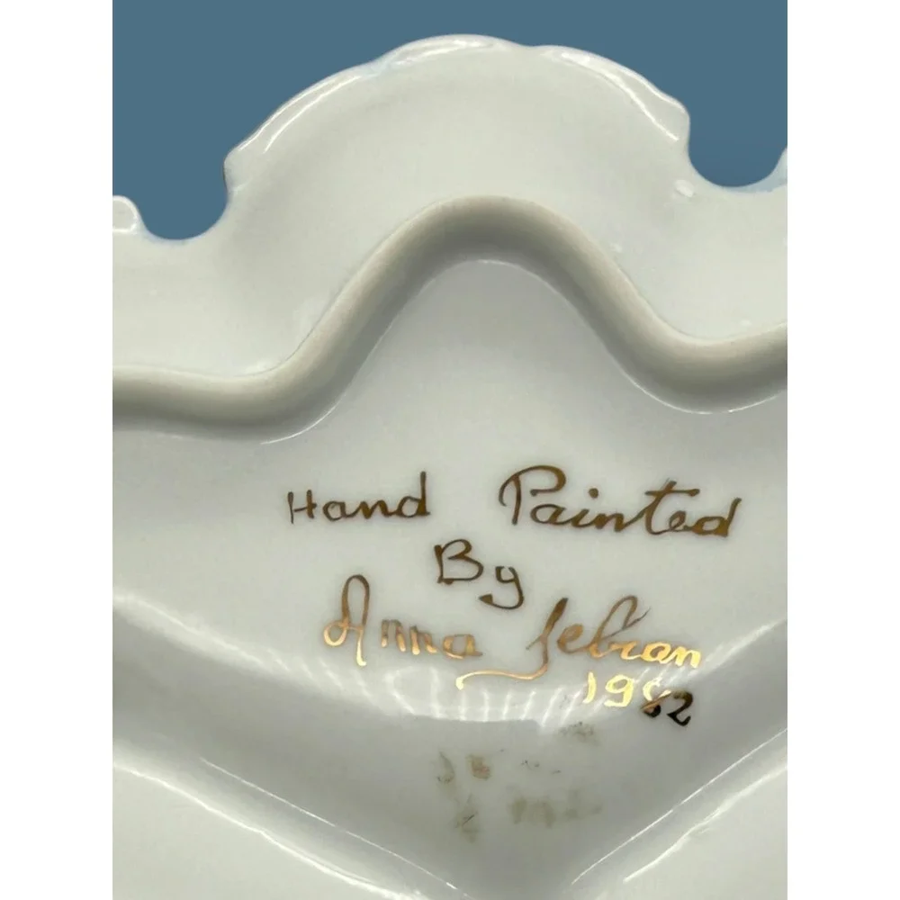 Hand Painted Floral Divided Candy Dish, Scalloped Gold Rim tray, Signed,1982